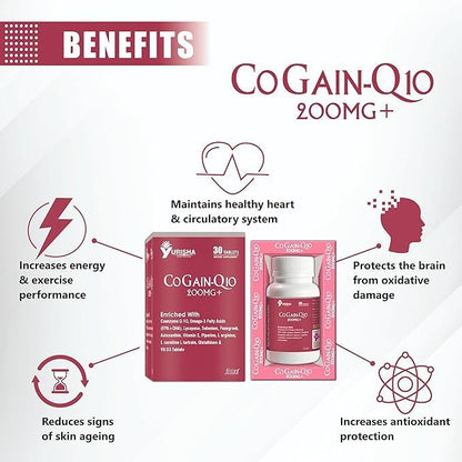 Yurisha Healthcare CoGain-Q10 Dietary Supplement | 30 Tablets with Coenzyme Q-10 and Omega-3 Fatty Acids (PACK of 2) (200MG+)