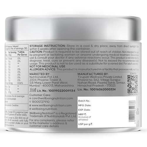 Wellbeing Nutrition 100% Pure Micronised Creatine Powder Monohydrate + HCL | Taurine | For Muscle Strength & Recovery, Muscle Growth & Cognition | Unflavoured,100g, 30 servings For Men & Women