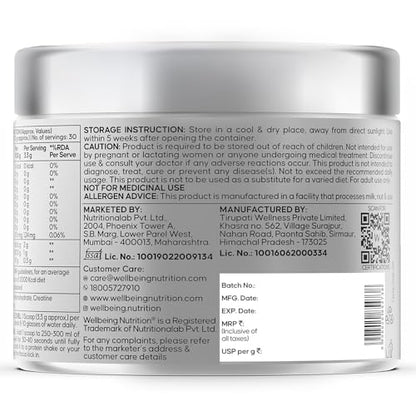 Wellbeing Nutrition 100% Pure Micronised Creatine Powder Monohydrate + HCL | Taurine | For Muscle Strength & Recovery, Muscle Growth & Cognition | Unflavoured,100g, 30 servings For Men & Women