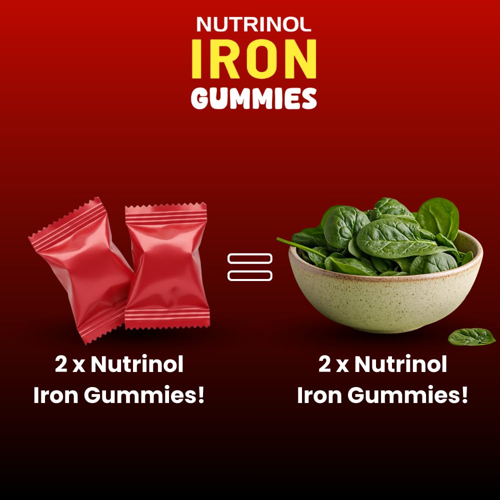 Knoll Healthcare Nutrinol Iron Gummies With Folic Acid & Vitamin E | Strawberry Flavour | No Sugar Added | 30 Gummies | Supports Hemoglobin, Energy & Immunity