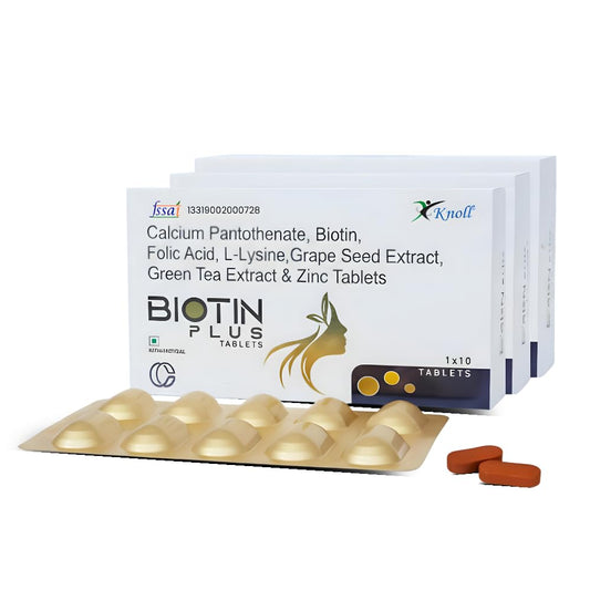 Knoll Healthcare Biotin Plus Tablets with Grape Seed Extract, Green Tea Extract, Zinc & L-Lysine | Supports Hair, Skin & Nail Health | Antioxidant & Nutritional Supplement (3x10 Capsules)
