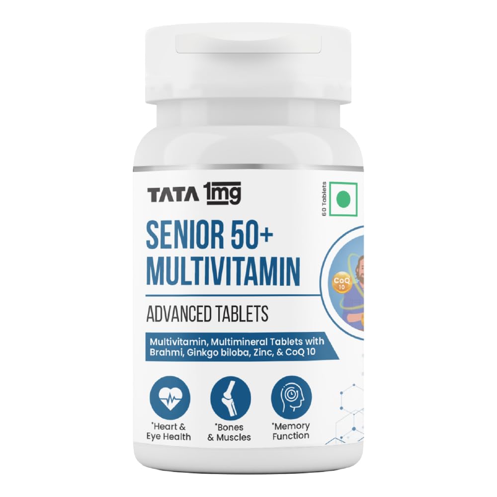 Tata 1mg Senior 50+ Multivitamin & Multimineral Veg Tablet with Calcium for Bone, Skin, Eye, Immunity, Heart & Joints, For Men & Women, Non-GMO & No Added Preservatives (Pack Of 60)