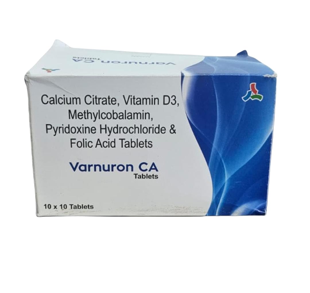 Varnuron CA Calcium Citrate, Vitamin D3, Methylcobalamin, Pyridoxine Hydrochloride & Folic Acid Tablets - Bone & Nerve Health Supplement (10x10 Tablets) NEW