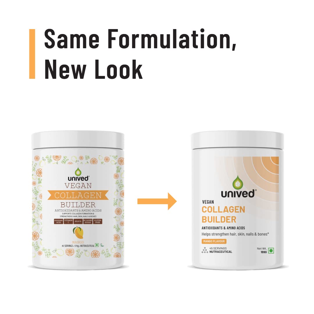 Unived Vegan Collagen Builder,Research Based Formulation For Collagen Synthesis, Hydration, & Protection,For Men & Women, Skin, Hair, Bones, & Tissue, Strength & Health (Mango, 45 Servings) - Powder