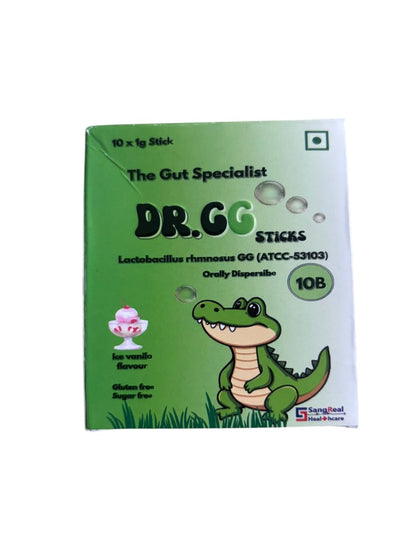 DR GG - Pack of 10 Probiotic sticks of 1g each. Lactobacillus Rhmnosus GG. Ice Vanilla flavor. Orally dispersible. Gluten & Sugar free.
