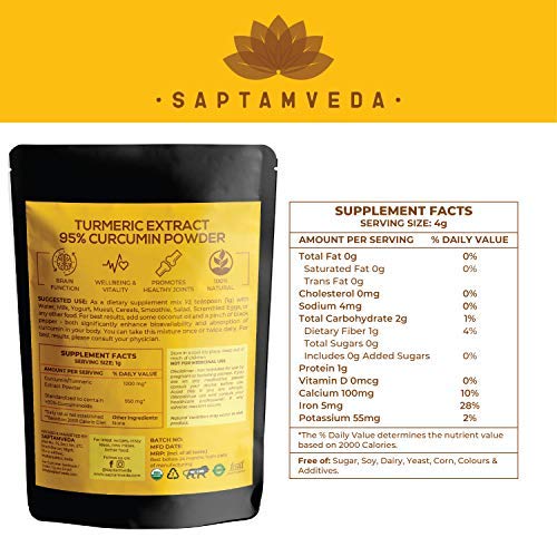 SAPTAMVEDA Premium Curcumin Powder 50 Grams, Pure Curcumin Extract Powder (Superior Turmeric Extract, 95% Curcuminoids) Immune & Joint Support - Natural and Pure Antioxidant Superfood, Immunity Booster, Ayurvedic Haldi Extract with Resealable Bag