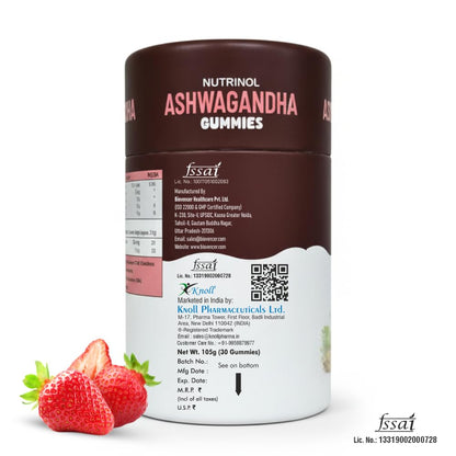 Knoll Healthcare Nutrinol Ashwagandha Gummies for Men & Women | 250mg Withania Somnifera + Vitamin E | Stress Relief, Energy, Brain Support | No Added Sugar | Strawberry Flavour | 30 Gummies