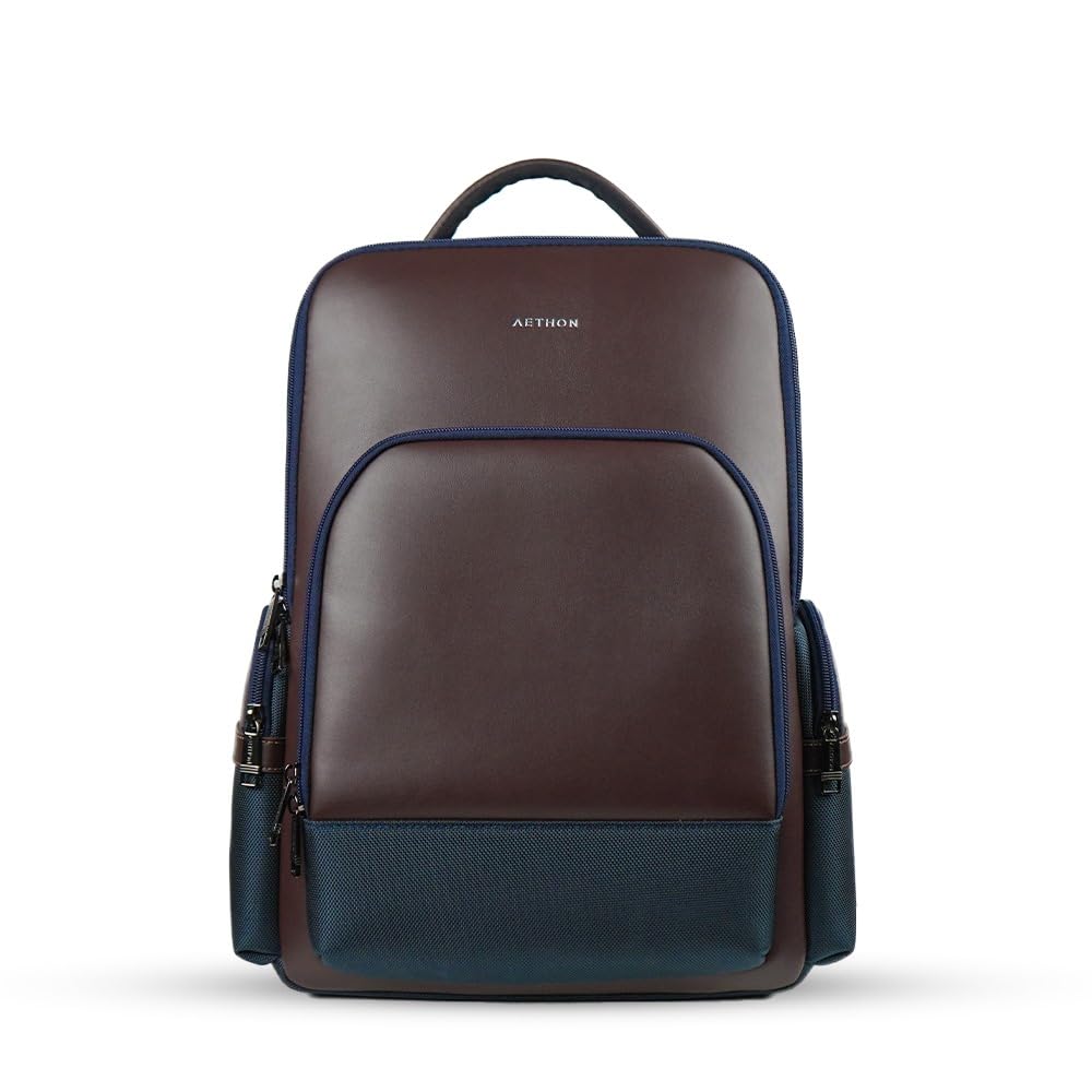 AETHON | Krossover 15.6-Inch Laptop Backpack | Water-Resistant with Multiple Pockets for Office, Travel | Shoulder Bag Made with Vegan Microfiber Leather (BLUE + BROWN)