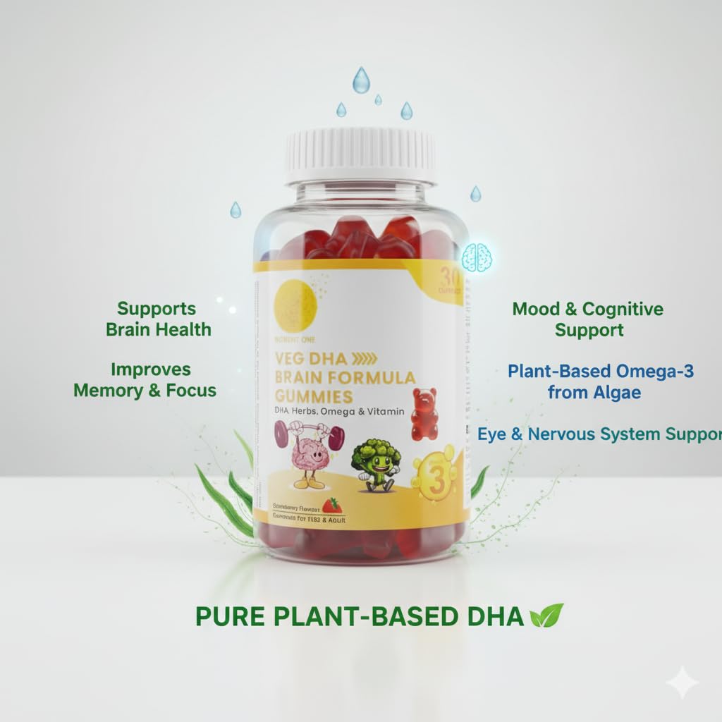 VEG DHA Brain Formula Gummies | Plant-Based Algal DHA with Omega Vitamins | With Ashwagandha, Shankhpushpi & Ginkgo Biloba
