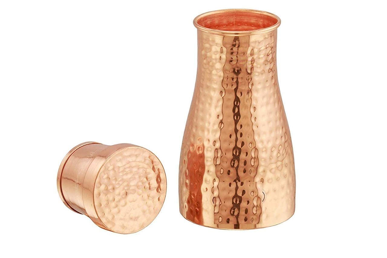 Karmbhumi Pure Copper Water Bedroom Bottle | Bedside Carafe | Bedroom jar with inbuilt Copper Glass/Vessel 1 Liter