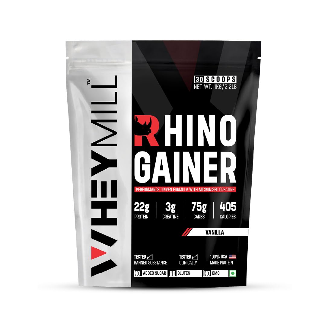 WHEYMILL Rhino Mass/Weight Gainer with Creatine Monohydrate | 1 Kg/2.2 Lb |30 Scoops, 380 Kcal, 22G Protein, 3G Creatine | Advance Gaining Formula | Vanilla,Powder