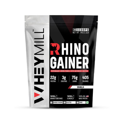 WHEYMILL Rhino Mass/Weight Gainer with Creatine Monohydrate | 1 Kg/2.2 Lb |30 Scoops, 380 Kcal, 22G Protein, 3G Creatine | Advance Gaining Formula | Vanilla,Powder