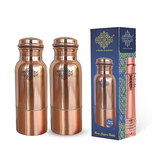 INDIAN ART VILLA Pure Copper Water Bottle with Upper Shine Lower Matt Finish Des
