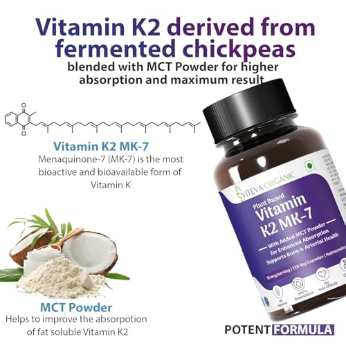 Viteva Organic Vitamin K2 MK7 100 Percent Vegetarian Capsules With MCT Powder For Bone Strength Vitamin K2 Support Calcium Absorption Multi Vitamin Supplement For Men And Women (120 Count)
