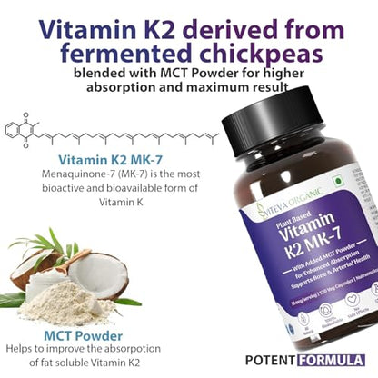 Viteva Organic Vitamin K2 MK7 100 Percent Vegetarian Capsules With MCT Powder For Bone Strength Vitamin K2 Support Calcium Absorption Multi Vitamin Supplement For Men And Women (120 Count)