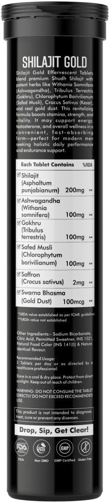 Vitaminnica Himalayan Shilajit Gold Effervescent Tablets, Orange Flavour, High Strength Fulvic Acid, Stamina & Immunity Support, 20 Count (Pack of 2)