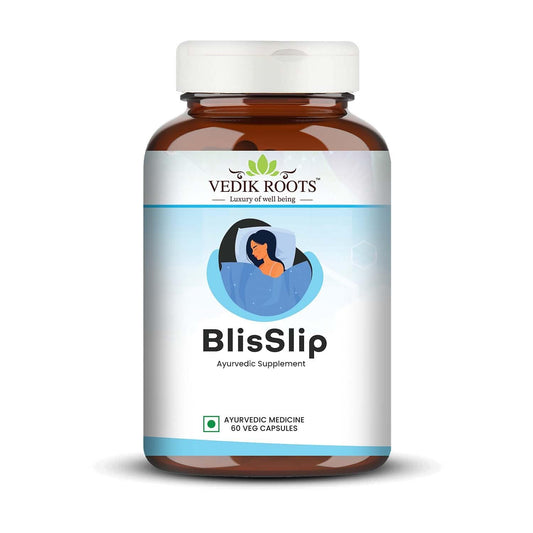VEDIKROOTS BlisSlip Ayurvedic Sleep Support Capsules | Herbal Wellness Supplement for Relaxation & Calmness | Helps in Healthy Sleep Routine & Relaxation | 60 Veg Capsules | (Pack of 1)