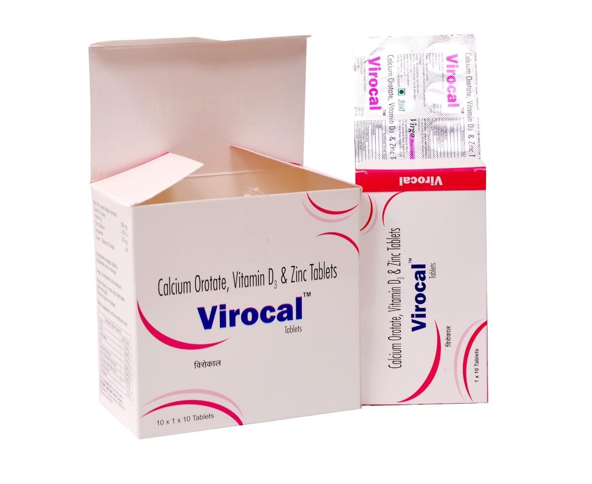 Virocal - Calcium Orotate + Vitamin D3 + Zinc Supplement for Bones & Muscle Strength 30 Tablets (Pack of 3)