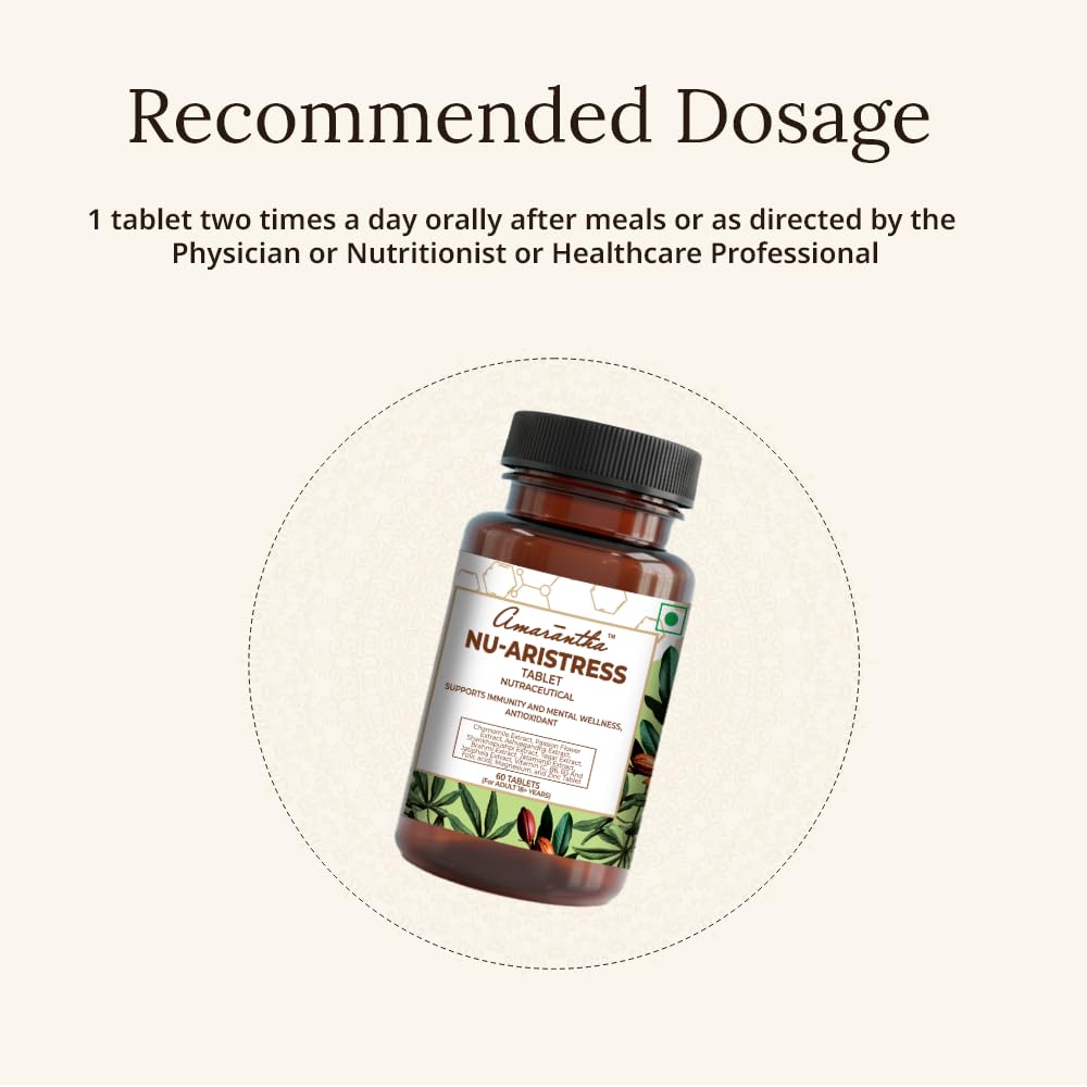 Amarantha Nu-Aristress Tablets | supports Calmness & Mental Relaxation | For Men & Women | 60 Tablets| Contains standardized extracts of Ashwagandha, Brahmi, Shankhapushpi, Chamomile, Passion Flower, Magnesium & Vitamin B6
