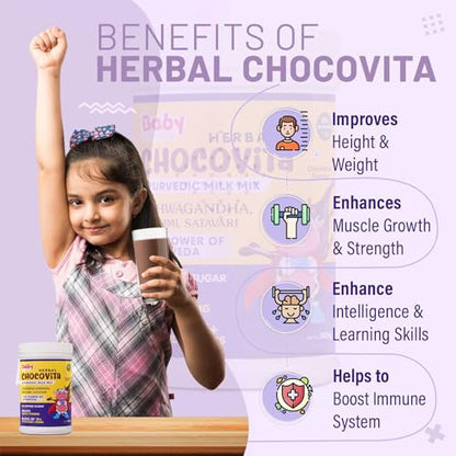 Babyorgano Herbal Chocovita 100% Ayurvedic Health & Nutrition Drink For Kids | 15+ Ayurvedic Herbs |Kids Growth |Brain Development |No Refined Sugar | Fdca Approved | Chocolate Flavour - 300Gm