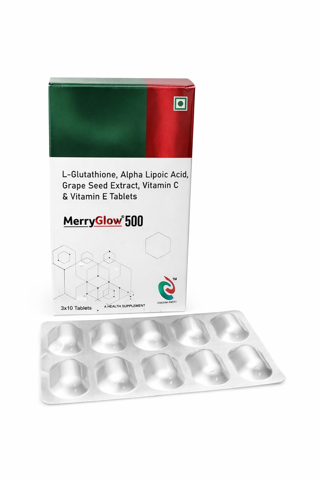 MerryGlow 500 Tablets with L-Glutathione, Alpha Lipoic Acid, Grape Seed Extract, Vitamin C & Vitamin E, 30 Tablets