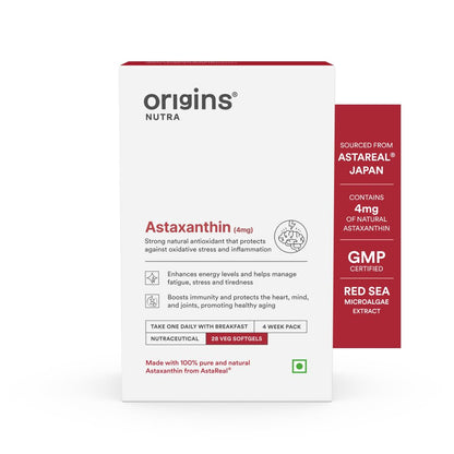 Origins Nutra Astareal® Natural Astaxanthin 4 mg from Japan | Antioxidant for Energy, Immunity & Muscle Recovery | 28 veg. Softgels | GMP Certified | Pack of 1