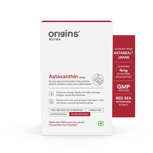 Origins Nutra Astareal® Natural Astaxanthin 4 mg from Japan | Antioxidant for Energy, Immunity & Muscle Recovery | 28 veg. Softgels | GMP Certified | Pack of 1