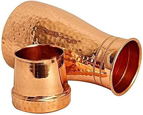 Handicraft Kunj Copper Bedroom Water Bottle with Inbuilt Glass & Hammered Shine Design, Drink-ware, Storage Purpose, Bedroom jar with inbuilt Copper Glass/Vessel Ayurvedic -1100 ml