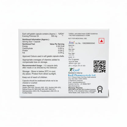 Knoll Healthcare EPO-500E Evening Primrose Oil 500 mg with Vitamin E Softgel Capsules | Supports Women’s Wellness, Skin Health & Antioxidant Support | Dietary Supplement (5x10 Capsules)
