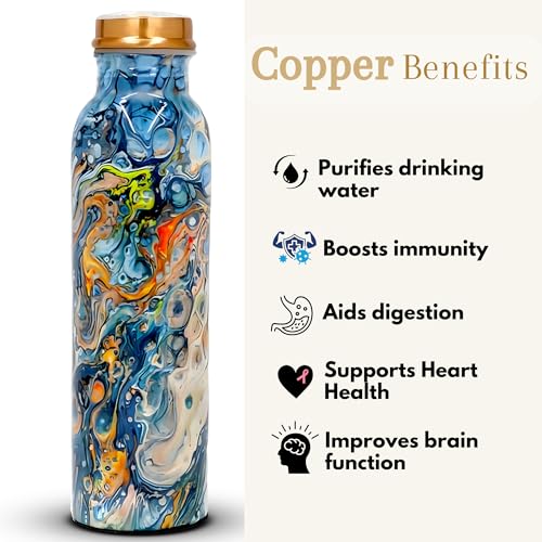 Printed Copper Bottle - Copper Water Bottle 1+ Litre - Floral Water Bottle - Pure Copper Bottle For Office & Home - Water Bottle Copper For Women - Water Bottle For Men - Gym Water Bottle Copper