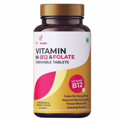 Vitamin B12 (Methylcobalamin) Chewable Tablets with Folate (Methyl Folate) & Vitamin B6 - Strawberry and Lemon Flavor - 60 Tablets