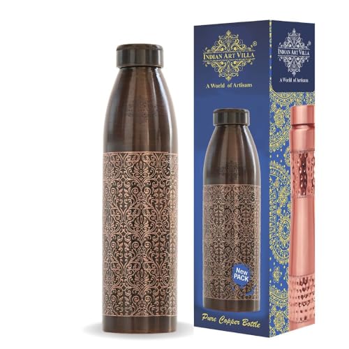 INDIAN ART VILLA 100% Pure Copper Water Bottle, Antique Dark Embossed Design, Ay