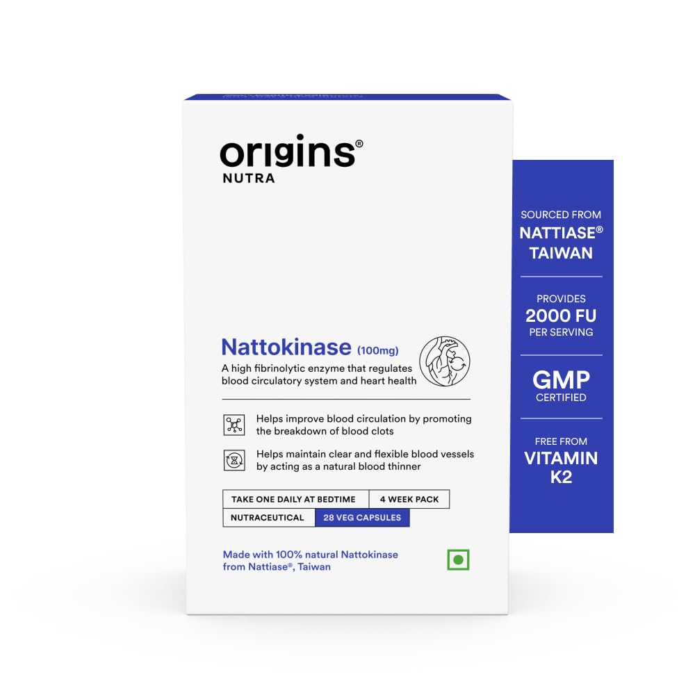 Origins Nutra Nattiase® Nattokinase 2000FU | Supports Heart Health & Smooth Circulation| GMP Certified| 28 Veg Capsules (Pack of 1)