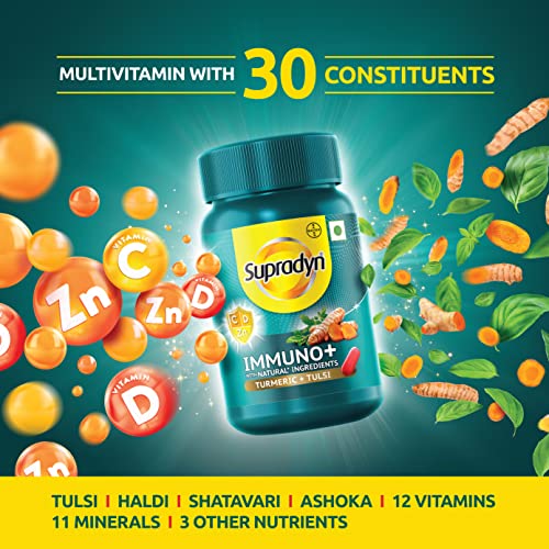 Supradyn Immuno +, Multivitamin, Natural immunity booster with Vit C, Vit D, Zinc, Unique blend of Tulsi, Turmeric, Shatavari & Ashoka (30 Tabs)