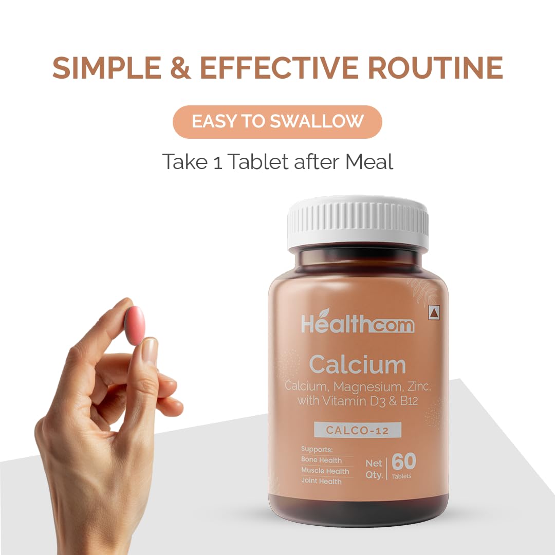 Healthcom Nutra CALCO-12 Calcium 60 Tablets Pack | Magnesium, Zinc With Vitamin D3 & B12 Capsule for Men & Women | For Stronger Bones, Immunity Improves Joints & Muscles Metabolism