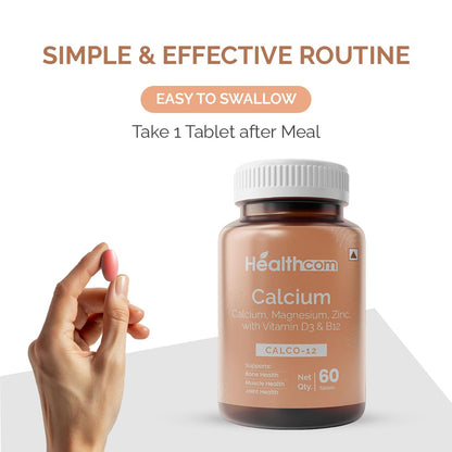 Healthcom Nutra CALCO-12 Calcium 60 Tablets Pack | Magnesium, Zinc With Vitamin D3 & B12 Capsule for Men & Women | For Stronger Bones, Immunity Improves Joints & Muscles Metabolism