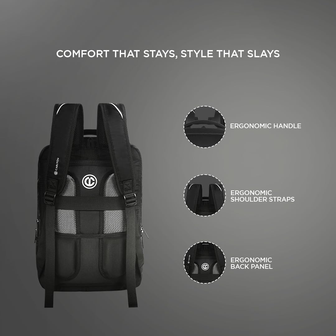 CARLTON Laptop Backpack 22L With Ergonomic Back Panel and Grab Handle, Concealed Back Pocket, Gadget Compartment & Expander | Black | Berkeley