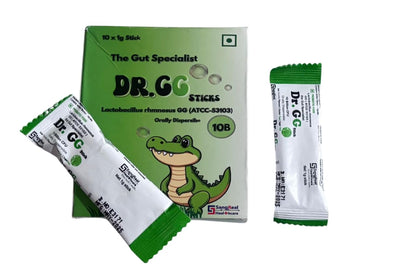 DR GG - Pack of 10 Probiotic sticks of 1g each. Lactobacillus Rhmnosus GG. Ice Vanilla flavor. Orally dispersible. Gluten & Sugar free.