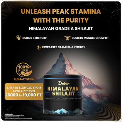 Dabur Himalayan Shilajit/Shilajeet Resin - 15g | 250mg per serving | Boosts Muscle Growth & Stamina | 100% Ayurvedic | Grade A shilajit sourced from the Himalayas up to 19,000 ft