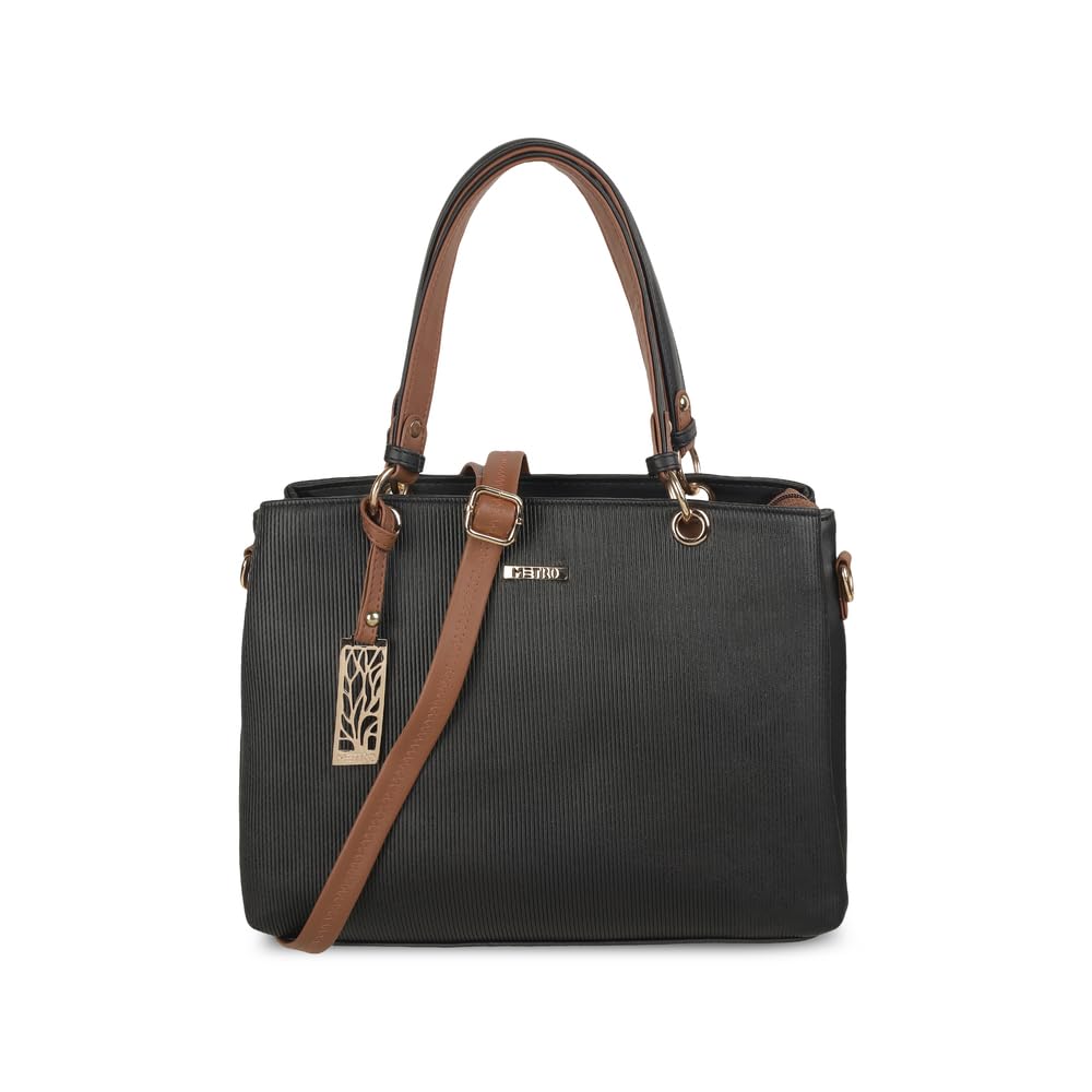 Metro Women Black Faux Leather Handbag with Detachable Sling (66-7852)