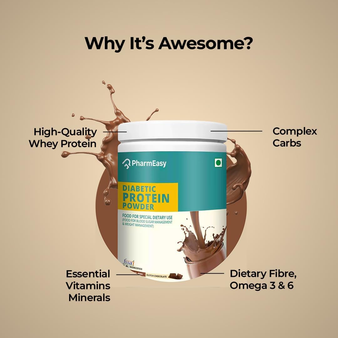 PharmEasy Diabetic Protein Powder - 400g | 2X Calcium, Magnesium and Zinc | Protein Intake Twice Daily for Supporting Sugar Levels & Weight Balance | No Added Sugar | Dutch Chocolate Flavor
