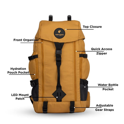 CarryPro HOBO40 v2.0– 40L Functional Travel Backpack for Men & Women, Camping, Biking, Trip, Trekking Bag, Fits 15.6” Laptop, Water-Resistant with Rain Cover, Travel Pouch, 2-Year Warranty(GoldenGlow)