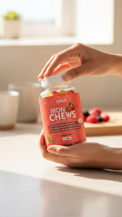 IronChews Daily Energy & Anti-Fatigue Gummies | Iron, Folic Acid & Vitamin E for Women & Men | Workout & Stamina and Absorption | Vegan Strawberry Gummies | 30 Count | No Added Sugar