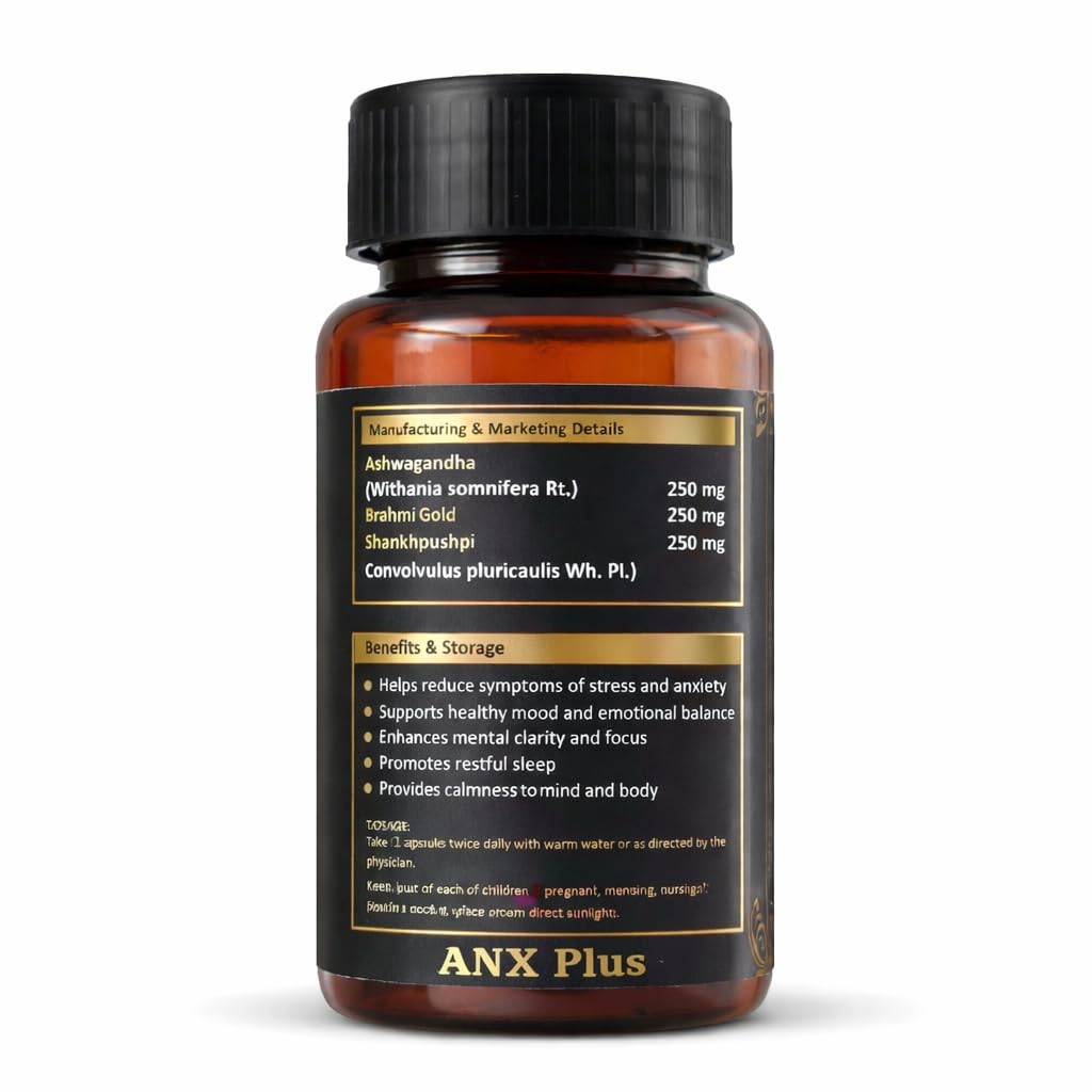 Vardham Ayurveda ANX Plus for Stress Relief & Mental Wellness | Anxiety Support with Ashwagandha, Shankhpushpi & Brahmi (Swarn Yukt) | Herbal Calm Mind & Sleep Support Supplement | 100% Ayurvedic Formula | 60 Capsules