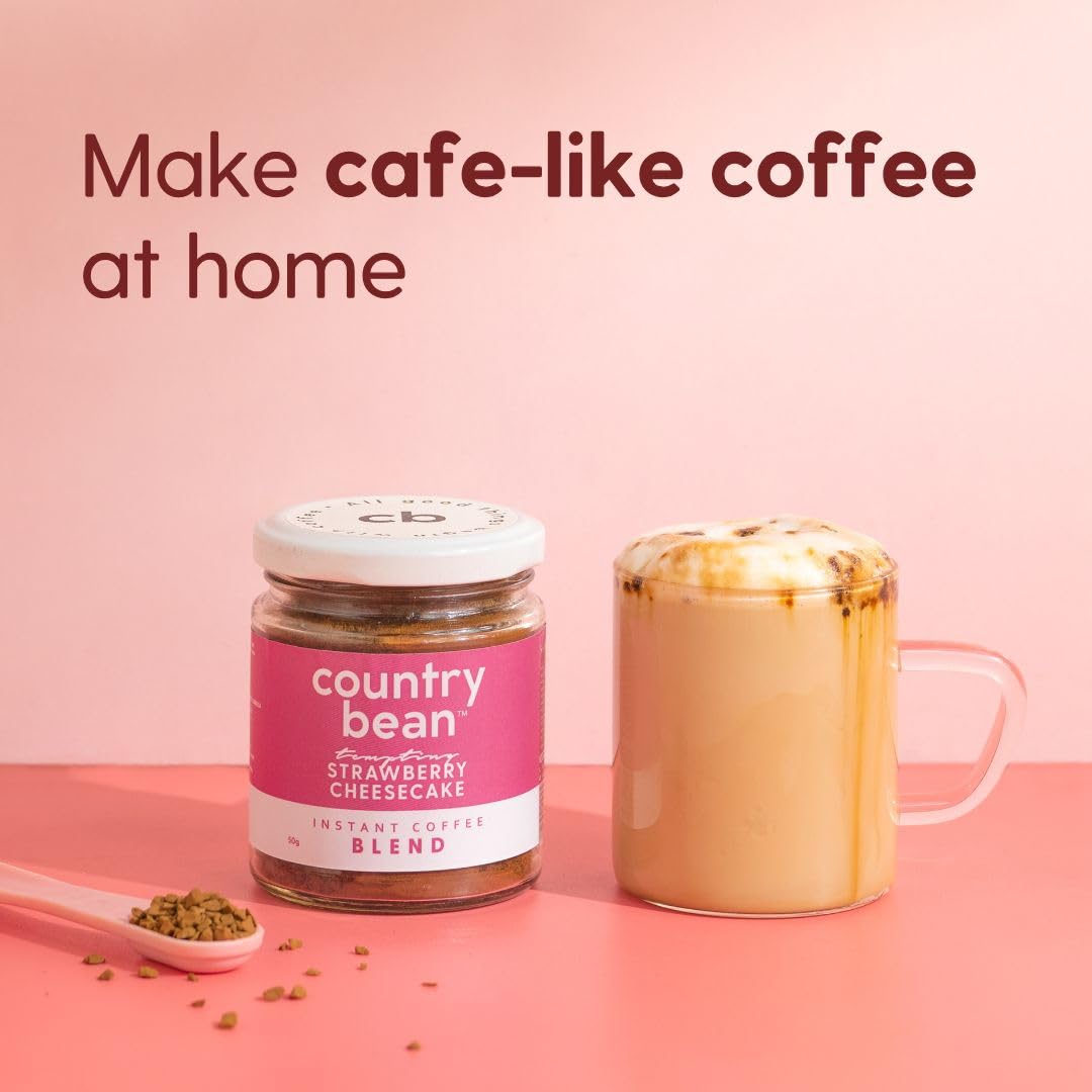 Country Bean Strawberry Cheesecake Instant Coffee I Blend I 50g - Makes 40 Cups I No Added Sugar I 100% Strong Coffee Powder