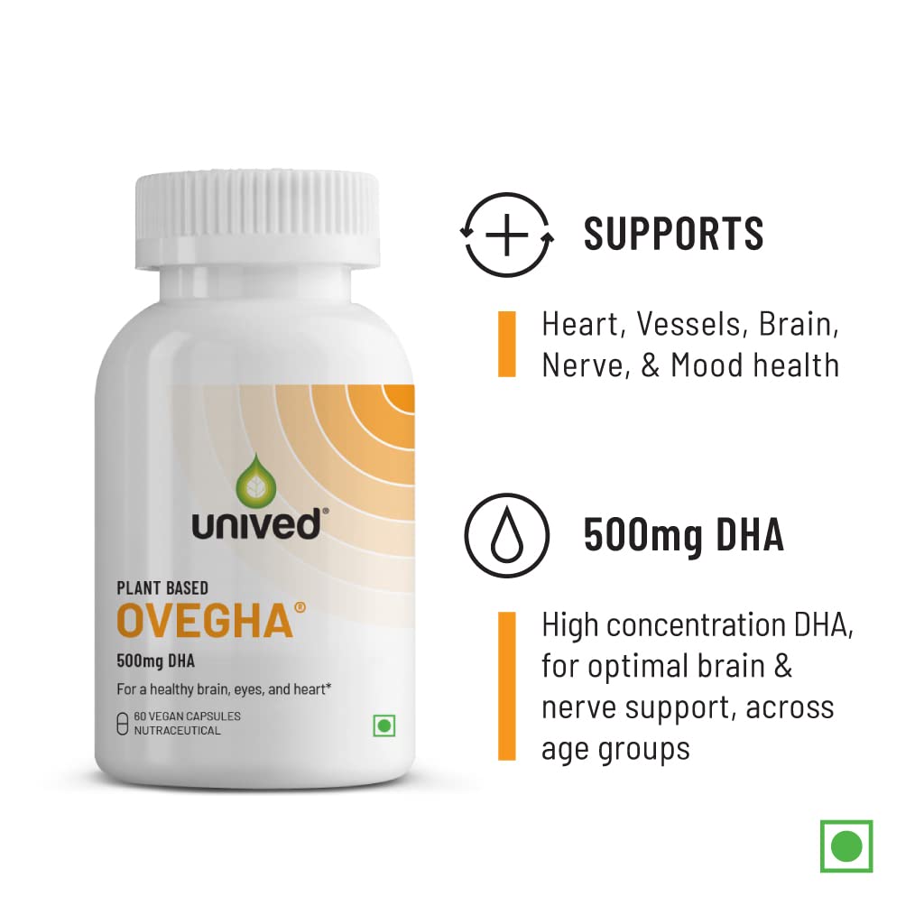 Unived OVEGHA Plant-Based Omega-3 DHA | 1000mg Algae Oil 500mg DHA Per Serving | for Heart, Hair, Skin, Joint, Brain & Eye Health | 60 Vegan Capsules