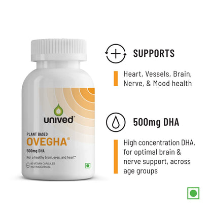 Unived OVEGHA Plant-Based Omega-3 DHA | 1000mg Algae Oil 500mg DHA Per Serving | for Heart, Hair, Skin, Joint, Brain & Eye Health | 60 Vegan Capsules