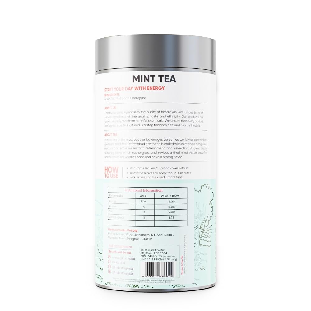 First Bud Organics Mint Tea - 100gm | Refreshing, Soothing Herbal Blend | Pure Peppermint Leaves, Caffeine-Free | Digestive Health and Relaxation