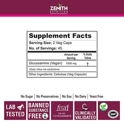 Zenith Nutrition Vegan Glucosamine for Joints movement and cartilage - 500mg 90Caps