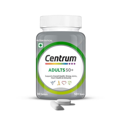 Centrum Adult 50+, World's No.1 Multivitamin with Calcium, Vitamin D3 & 21 other Nutrients for Overall Health, Strong Joints & Heart Health (Veg) 30 Tablets
